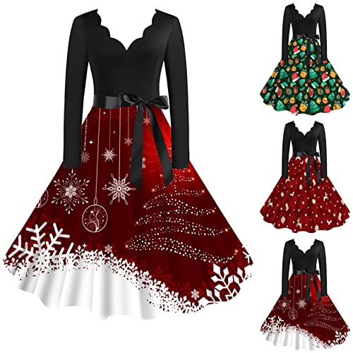 Damen Weihnachten Party Kleid Langarm A-Linie großen Rock Cocktail Party Kleid Festival Karneval und Bow Belt Kleid Vintage Cocktailkleid Midilang V-Ausschnitt Abendkleid (001 Schwarz, S) von Generic