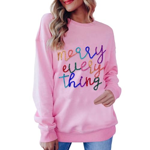 Damen Weihnachtspullover Merry Everything Buntem Druck Rundhalsausschnitt Weihnachten Sweaters Modisch Entspannte Langen Ärmeln Loose Fit Weichem Xmas Motiv Pullis Tops (Pink, M) von Generic