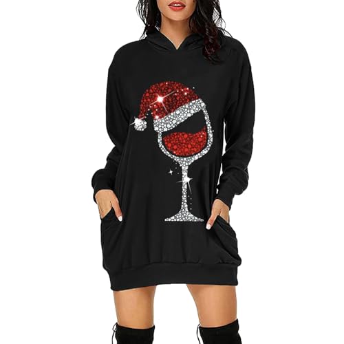 Damen Weihnachtspullover Winter Weihnachten Sweatshirt Kleid mit Taschen Langarm Weihnachtskleid 3D Weihnachten Druck Pulli Kleid Casual Lang Sweatshirtkleid Kapuzenpullover Long (1D-Black, L) von Generic