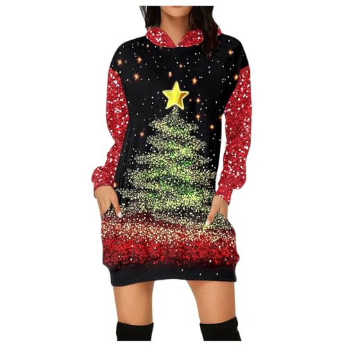 Damen Weihnachtspullover Winter Weihnachten Sweatshirt Kleid mit Taschen Langarm Weihnachtskleid 3D Weihnachten Druck Pulli Kleid Casual Lang Sweatshirtkleid Kapuzenpullover Long (1E-Light Green, L) von Generic