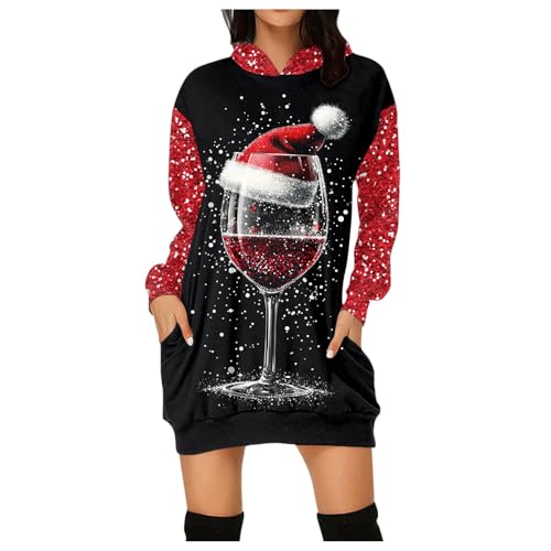 Damen Weihnachtspullover Winter Weihnachten Sweatshirt Kleid mit Taschen Langarm Weihnachtskleid 3D Weihnachten Druck Pulli Kleid Casual Lang Sweatshirtkleid Kapuzenpullover Long Pullover (S) von Generic