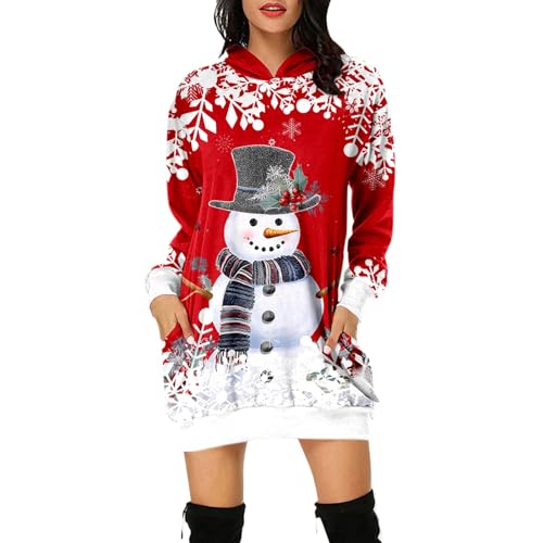 Damen Weihnachtspullover Winter Weihnachten Sweatshirt Kleid mit Taschen Langarm Weihnachtskleid 3D Weihnachten Druck Pulli Kleid Casual Lang Sweatshirtkleid Kapuzenpullover Long Pullover (XXL) von Generic