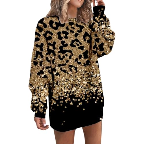 Damen Weihnachtspullover Winter Weihnachten Sweatshirt Kleider mit Taschen Langarm Weihnachtskleid 3D Weihnachten Druck Pulli Kleid Casual Lang Sweatshirtkleid (0925#03-Gold, XL) von Generic