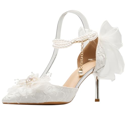 Damen Weiß Spitze Hochzeits Absätze Perle Knöchelriemen Spitze Zehen Braut Party Schuhe Mit Blume Details Für Braut,White 8cm,41 EU Damen Weiß Spitze Hochzeits Absätze Perle Knöchelriemen Spitze Zehen Braut Party Schuhe Mit Blume Details Für Braut,White 8cm,41 EU von Generic