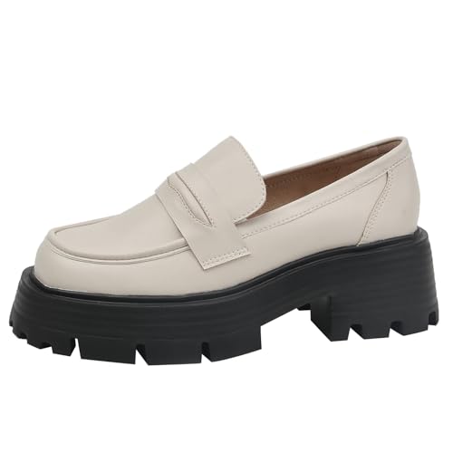 Damen Weite Passform Loafers – Extra breite Zehenbox, Blockabsatz Schlupfmodell, Leder-Obermaterial, Herbst Winter Komfort,Almond,41 EU von Generic