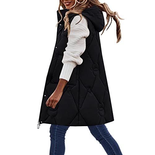 Damen Weste Lang mit Kap uze Steppweste Gefüttert Fleeceweste Warme Winterjacke Freizeit Ärmellos Jacke Thermo Stehkragen Vest Kapu zenweste Weste Steppweste Kap uze Vest Ärmellos (Black #11, XXXL) von Generic