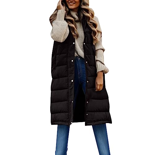 Damen Weste Lang mit Kap uze Steppweste Gefüttert Fleeceweste Warme Winterjacke Freizeit Ärmellos Jacke Thermo Stehkragen Vest Kapu zenweste Weste Steppweste Kap uze Vest Ärmellos Jacke (Black #1, L) von Generic