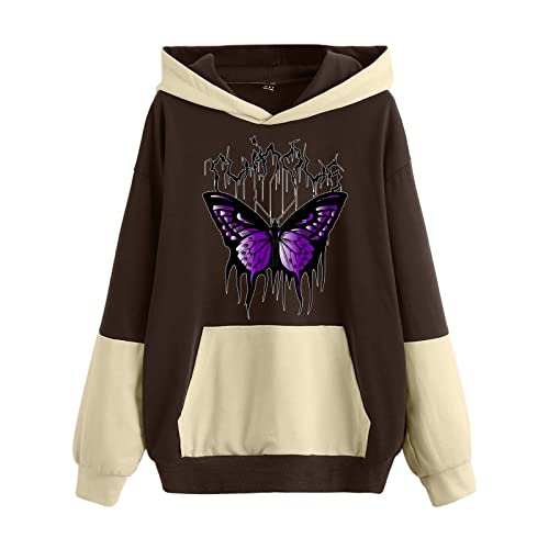 Damen Weste Langarm Frauen Mode Schmetterling Druck Hoodie Sweatshirt Lässige Tunika Top Langarm Hoodie mit Taschen Hoodie Teenager (Khaki, XL) von Generic