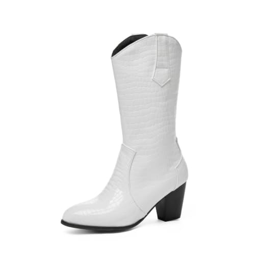 Damen Western Mid Calf Stiefel Krokodilgeprägtes Leder Chunky Block Heels Spitze Zehenpartie Slip On Party Abendkleid Schuhe,Weiß,38 EU von Generic
