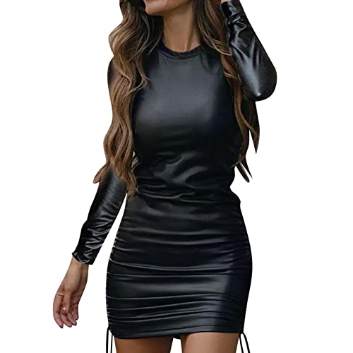 Damen Wetlook Clubwear Sexy Minikleid Lederlook Partykleid Ärmellos Rundhals Bodycon Kleid Frauen Lederkleid Bleistiftkleid Bandage Schwarz Kurz Kleid Cocktail Party Kleid von Generic