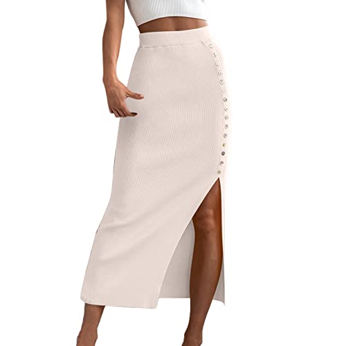 Damen Wickelrock Lang Sommer Midirock Elegant A-Linie Rock Enger Knielange Röcke Sommerrock Hohe Taille Casual Skirts mit Schlitz Röcke für Frauen Beige L von Generic