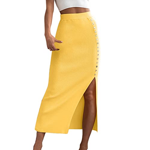 Damen Wickelrock Lang Sommer Midirock Elegant A-Linie Rock Enger Knielange Röcke Sommerrock Hohe Taille Casual Skirts mit Schlitz Röcke für Frauen Gelb S von Generic