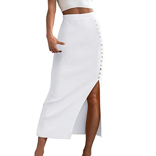 Damen Wickelrock Lang Sommer Midirock Elegant A-Linie Rock Enger Knielange Röcke Sommerrock Hohe Taille Casual Skirts mit Schlitz Röcke für Frauen Weiß L von Generic