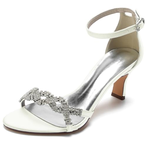 Damen Wide Fit Satin Brautschuhe Knöchelriemen Abend Party Pumps Mid Kätzchenabsatz Kleid Sandalen Peeptoe Brautschuhe Mit Strass,Elfenbein,37 EU von Generic