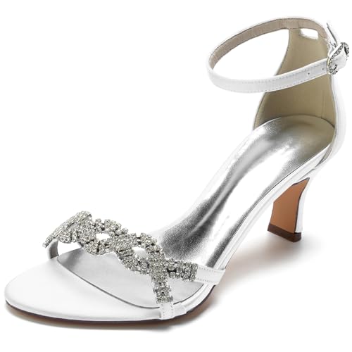 Damen Wide Fit Satin Brautschuhe Knöchelriemen Abend Party Pumps Mid Kätzchenabsatz Kleid Sandalen Peeptoe Brautschuhe Mit Strass,Weiß,39 EU von Generic