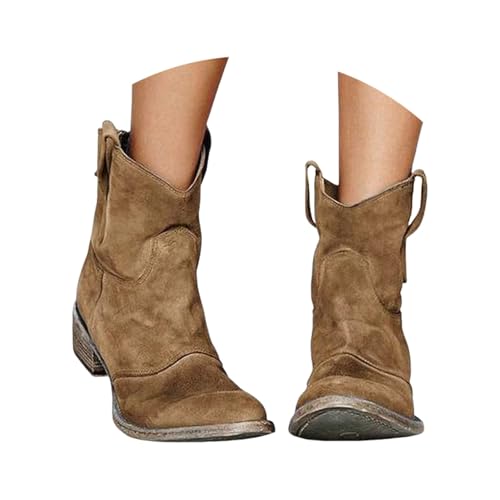 Damen Wildleder Halbstiefel Wildleder Halbstiefel Cowboystiefel Schlupfschuhe Blockabsatz Ankle Schuhe Kurzstiefel Braun Halbhohe Westernstiefel Blockabsatz Halbhoch Boots Damenstiefel von Generic