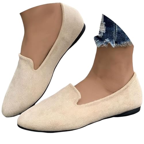 Damen Wildleder Loafers, Frühling Sommer Spitze Zehe Wanderschuhe Flache Lässige Schuhe Freizeitschuhe Slip-On Bequeme Halbschuhe Atmungsaktiv Slipper,Beige,37 von Generic