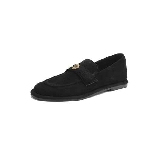 Damen Wildleder Runde Zehe Penny Loafers Geschlossene Zehe Niedrige Chunky Block Heel Slip On Arbeitskleid Flats,Schwarz,38 EU von Generic