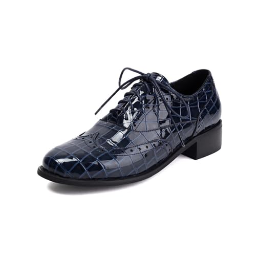 Damen Wingtip Oxford Brogues Schnürschuhe Vintage Round Toe Low Heel Schuhe für Partykleid Heimkehr,Blau,44 EU von Generic