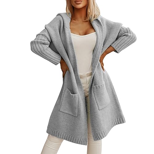 Damen Winter Cardigan Lang Strickjacke offen dick Langarm Pullover Weste Warm Kapuze Mantel Sweater Pullover Outwear Pullover Slim Fit Pullover einfarbig, grau, Medium von Generic