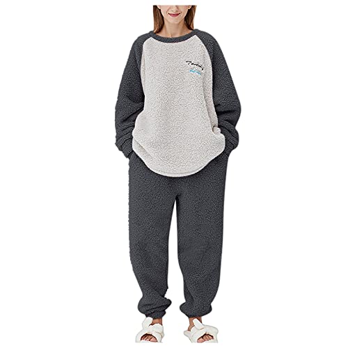 Damen Winter Herbst Pyjama Farbblock Raglanärmel Passende Sets Bequeme Outfit Warm Fleece Pelzig Zweiteiliger Pyjama Set Baumwolle Leichte Frau Pyjama Pj Lounge Wear Pjs, grau, 46 von Generic