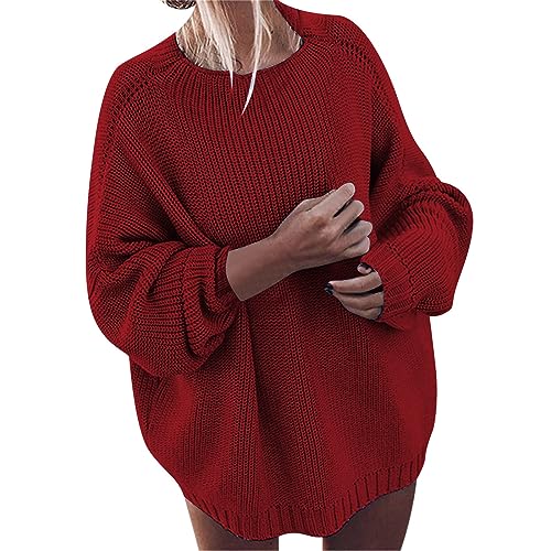 Damen Winter New Solid Strick Lose Ärmel Großer Pullover Mantel Damen Oversize Pullover Pullover Damen Baumwolle (Red, XXL) von Generic