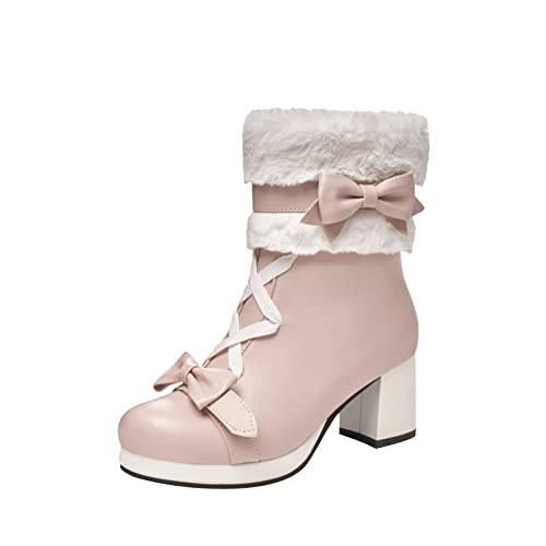 Damen Winter Schuche Stiefel Weiter Schaft Damen Damenschuhe Mode Einfarbig Kurze Stiefel Runde Zehe Mittelabsatz Chunky Heel Zipper Bow Boots Halb Stiefeletten Damen Winterstiefel Damen (Pink, 39) von Generic