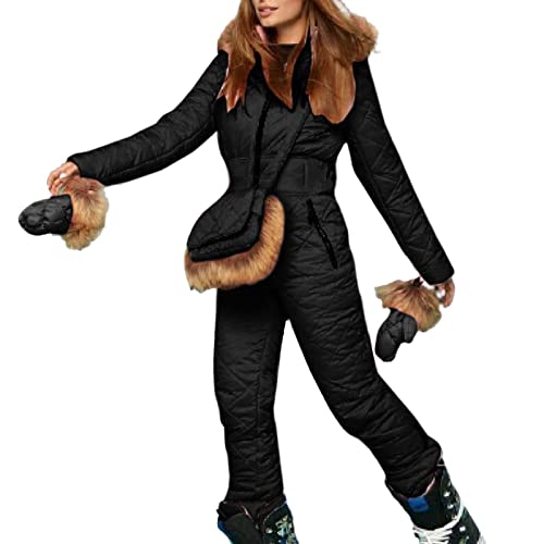 Damen Winter Ski-Overall Outdoor Sport Schneeanzug Kunstwolle Kragen Mantel Jumpsuit mit Hoodies Skijacken und Hosen Herren Schneehandschuhe, Schwarz , 36 von Generic