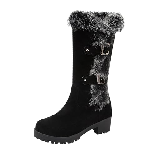 Damen Winter Stiefel mit Pelzfutter Blockabsatz Gürtelschnalle mittlere Stiefelette Bequeme warme Boots für (Black, 37) von Generic