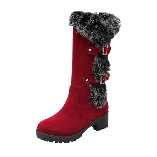 Damen Winter Stiefel mit Pelzfutter Blockabsatz Gürtelschnalle mittlere Stiefelette Bequeme warme Boots für (Red, 39) von Generic