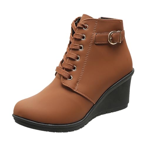 Damen Winter Stiefeletten Plateau Keilabsatz Schnürstiefel Warm Bequem Mode Schuhe (Brown, 41) von Generic