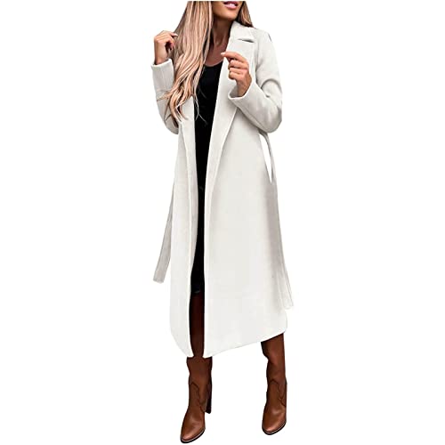 Damen Winter Wollmantel Elegant Revers Trenchcoat Einfarbig Lange Jacke Arbeit Krawatte Langer Mantel, weiß, 38 von Generic