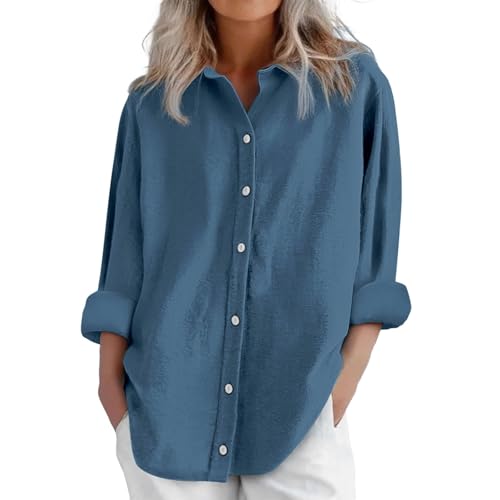 Damen Winterjacke Sale HUIFUAO Leinenbluse Damen Langarm Große Größen Frauen Shirt Sommer Weiß Oversize Hemd Elegant Oberteile Knopf Tops Tshirt (A02-Dark Blue, L) von Generic