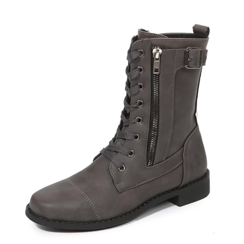 Damen Wintermode Leder Stiefeletten mit seitlichem Reißverschluss und Schnalle, bequeme Stiefeletten mit mittlerer Wade (Grey, 37) von Generic