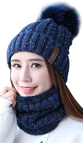 Damen Wintermütze Schal Set, Weichem Innenfutter Strickmütze und mit Fleecefutter, Winter Wärme Beanie Mütze Strickschal, Schlauchschal Hüte Mützen Kunstpelz Bommel Pom (Navy blau), Einheitsgröße von Unbekannt