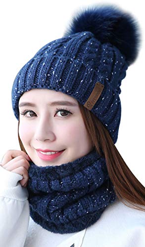 Damen Wintermütze Schal Set, Weichem Innenfutter Strickmütze und mit Fleecefutter, Winter Wärme Beanie Mütze Strickschal, Schlauchschal Hüte Mützen Kunstpelz Bommel Pom (Navy blau), Einheitsgröße von Unbekannt