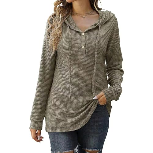 Damen Winterpullover mit Kapuze und Langen Ärmeln, lockerer Sportpullover mit Knopfleiste - Armeegrün - M von Generic