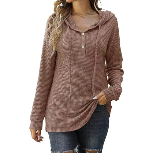 Damen Winterpullover mit Kapuze und Langen Ärmeln, lockerer Sportpullover mit Knopfleiste - Braun - M von Generic