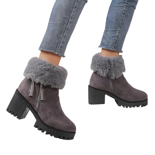 Damen Winterstiefel Warme wasserdichte Schneestiefel mit Reißverschluss für Kälte Kurze Stiefel mit Dicken Absätzen Einfarbig (Grey, 35) von Generic