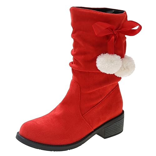 Damen Winterstiefel Wildleder Schlupfstiefel mit Absatz Retro Weitschaftstiefel Halbstiefel mit Bommel Herbst Winter Damenstiefel Ankle Boots Schuhe Elegant Winterboots Winterschuhe (Rot, 38) von Generic