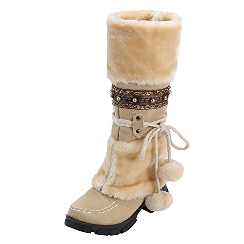 Damen Winterstiefel mit Halbhoher Wade Warmem Kunstpelz Gefütterte Niedrigem Chunky Heel Winterstiefel Stiefeletten Schnürstiefel Winter Boots Hohe Stiefel (Beige, 41) von Generic