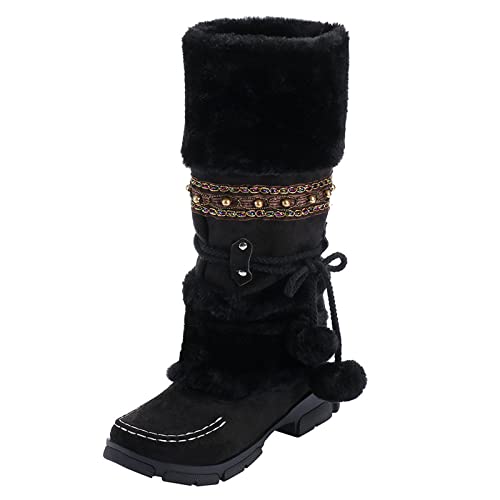 Damen Winterstiefel mit Halbhoher Wade Warmem Kunstpelz Gefütterte Niedrigem Chunky Heel Winterstiefel Stiefeletten Schnürstiefel Winter Boots Hohe Stiefel (Black, 41) von Generic