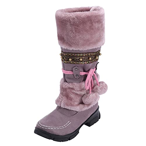 Damen Winterstiefel mit Halbhoher Wade Warmem Kunstpelz Gefütterte Niedrigem Chunky Heel Winterstiefel Stiefeletten Schnürstiefel Winter Boots Hohe Stiefel (Purple, 37) von Generic