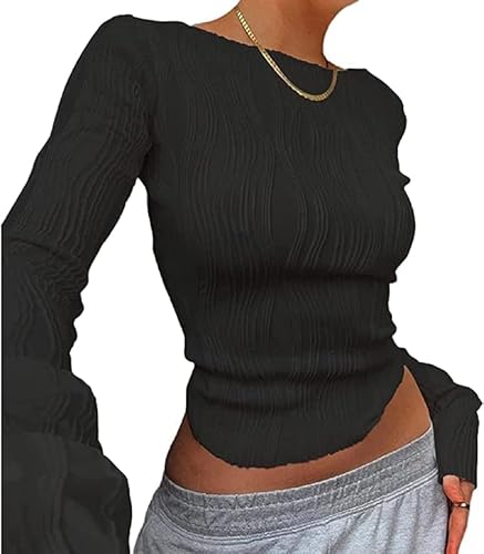 Damen Y2 K Bluse Sexy Rückenfrei Oberteil Langarm Crop Top Slim Fit Stretchy T-Shirt Langarmshirt Crewneck Shirt Casual Retro Streetwear Party Bauchfrei Enge Oberteile Pullover Mädchen (01-Black, S) von Generic