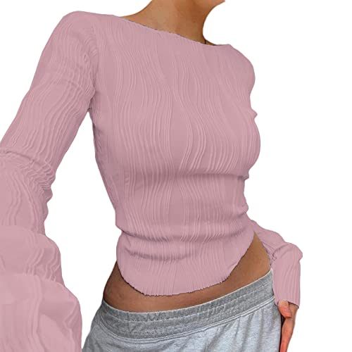 Damen Y2 K Bluse Sexy Rückenfrei Oberteil Langarm Crop Top Slim Fit Stretchy T-Shirt Langarmshirt Crewneck Shirt Casual Retro Streetwear Party Bauchfrei Enge Oberteile Pullover Mädchen (03-Pink, S) von Generic