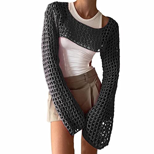 Damen Y2K Crochet Pullover Frauen Langarm Crop Top Einfarbig Top Crochet Aushöhlen Pullover 90er Streetwear Gothic Punk Schulterfrei Zerrissene Strickpullover Lose Oberteile von Generic