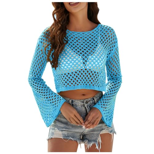Damen Y2K Crochet T-Shirt Frauen Langarm Crop Top Einfarbig Top One-Shoulder Crochet Aushöhlen Pullover Cover Up Strickwaren Pullover Top von Generic