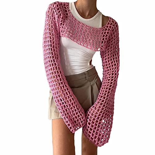 Damen Y2K Crochet T-Shirt Frauen Langarm Crop Top Einfarbig Top One-Shoulder Crochet Aushöhlen Pullover Cover Up Strickwaren Pullover von Generic