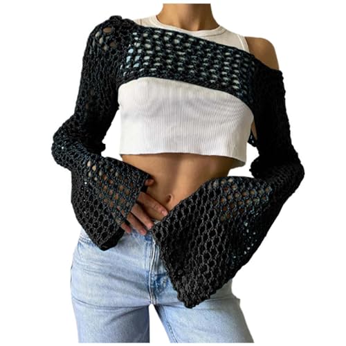 Damen Y2K Crochet T-Shirt Frauen Langarm Crop Top Einfarbig Top One-Shoulder Crochet Aushöhlen Pullover Cover Up Strickwaren Pullover von Generic