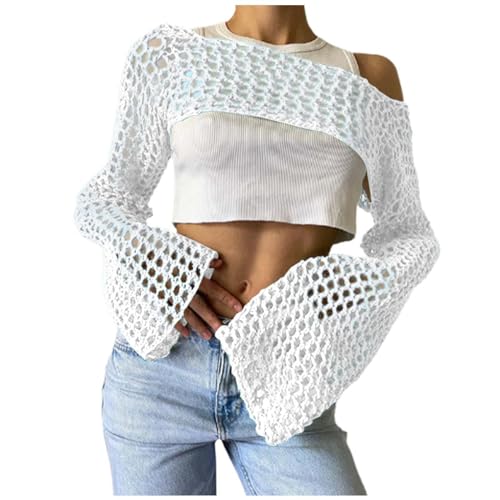 Damen Y2K Crochet T-Shirt Frauen Langarm Crop Top Einfarbig Top One-Shoulder Crochet Aushöhlen Pullover Cover Up Strickwaren Pullover von Generic